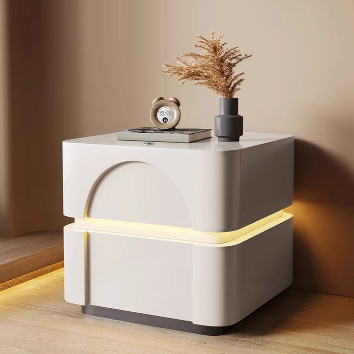 Contemporary Creative Solid Wood Carbon Steel Rounded Square Nightstand With 2 Drawers For Bedroom