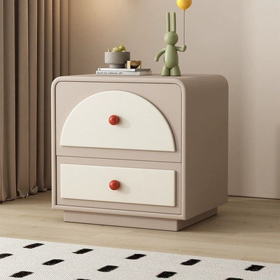 Traditional French Solid Wood Microfiber Leather Metal Semi-Round Square Nightstand With 2 Drawers For Bedroom