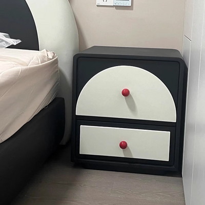 Traditional French Solid Wood Microfiber Leather Metal Semi-Round Square Nightstand With 2 Drawers For Bedroom