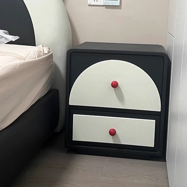 Traditional French Solid Wood Microfiber Leather Metal Semi-Round Square Nightstand With 2 Drawers For Bedroom