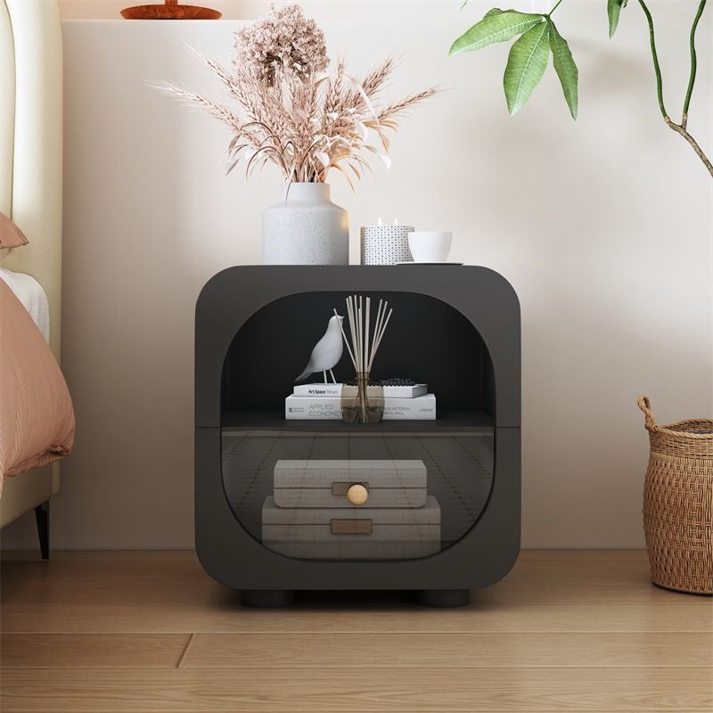Contemporary Scandinavian Solid Wood Glass Metal Rounded Square Nightstand With 1 Drawer For Bedroom