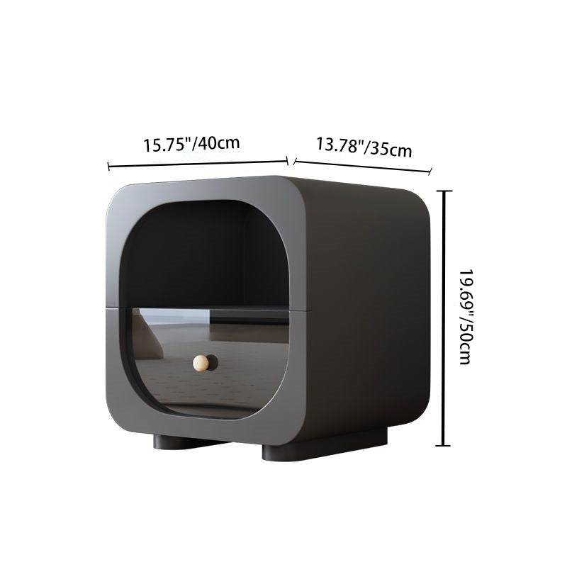 Contemporary Scandinavian Solid Wood Glass Metal Rounded Square Nightstand With 1 Drawer For Bedroom