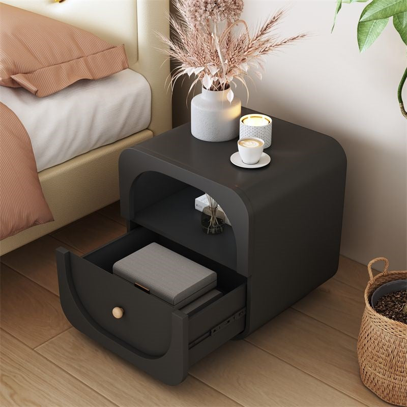 Contemporary Scandinavian Solid Wood Glass Metal Rounded Square Nightstand With 1 Drawer For Bedroom