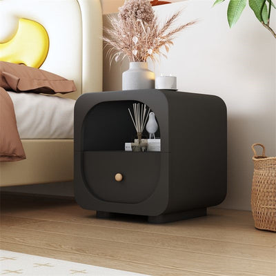 Contemporary Scandinavian Solid Wood Glass Metal Rounded Square Nightstand With 1 Drawer For Bedroom