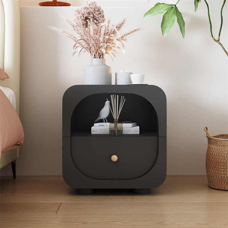 Contemporary Scandinavian Solid Wood Glass Metal Rounded Square Nightstand With 1 Drawer For Bedroom