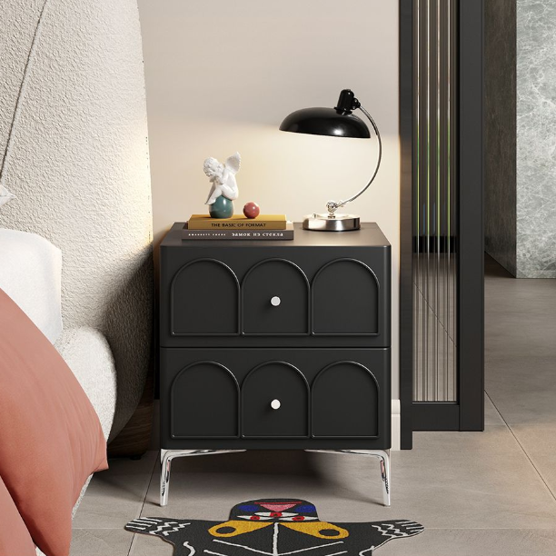 Traditional French Solid Wood Hardware Rectangular Curved Nightstand With 2 Drawers For Bedroom