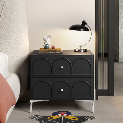 Traditional French Solid Wood Hardware Rectangular Curved Nightstand With 2 Drawers For Bedroom