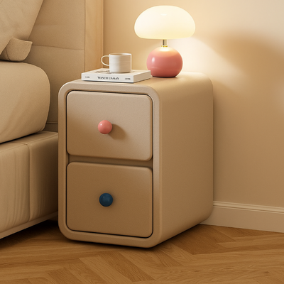 Contemporary Creative Solid Wood Faux Leather Metal Rounded Rectangular Nightstand With 2 Drawers For Bedroom