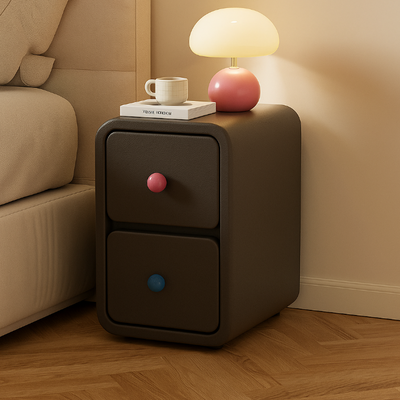 Contemporary Creative Solid Wood Faux Leather Metal Rounded Rectangular Nightstand With 2 Drawers For Bedroom