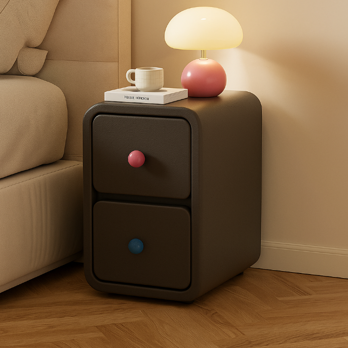 Contemporary Creative Solid Wood Faux Leather Metal Rounded Rectangular Nightstand With 2 Drawers For Bedroom