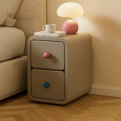 Contemporary Creative Solid Wood Faux Leather Metal Rounded Rectangular Nightstand With 2 Drawers For Bedroom