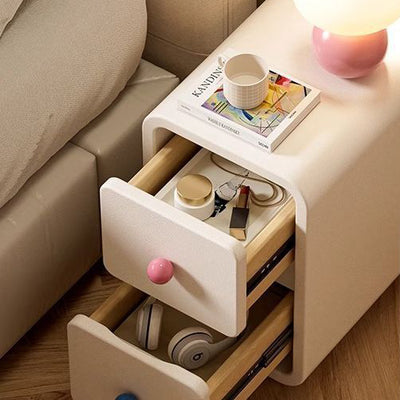 Contemporary Creative Solid Wood Faux Leather Metal Rounded Rectangular Nightstand With 2 Drawers For Bedroom