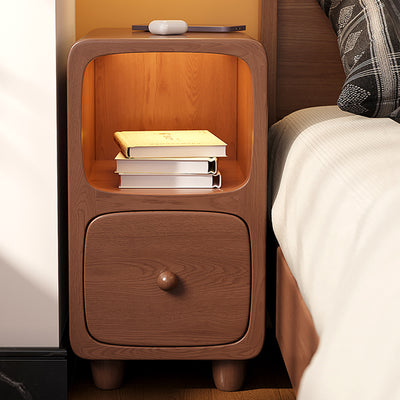 Traditional Chinese Solid Wood Rounded Rectangular Nightstand With 1/2 Drawers For Bedroom