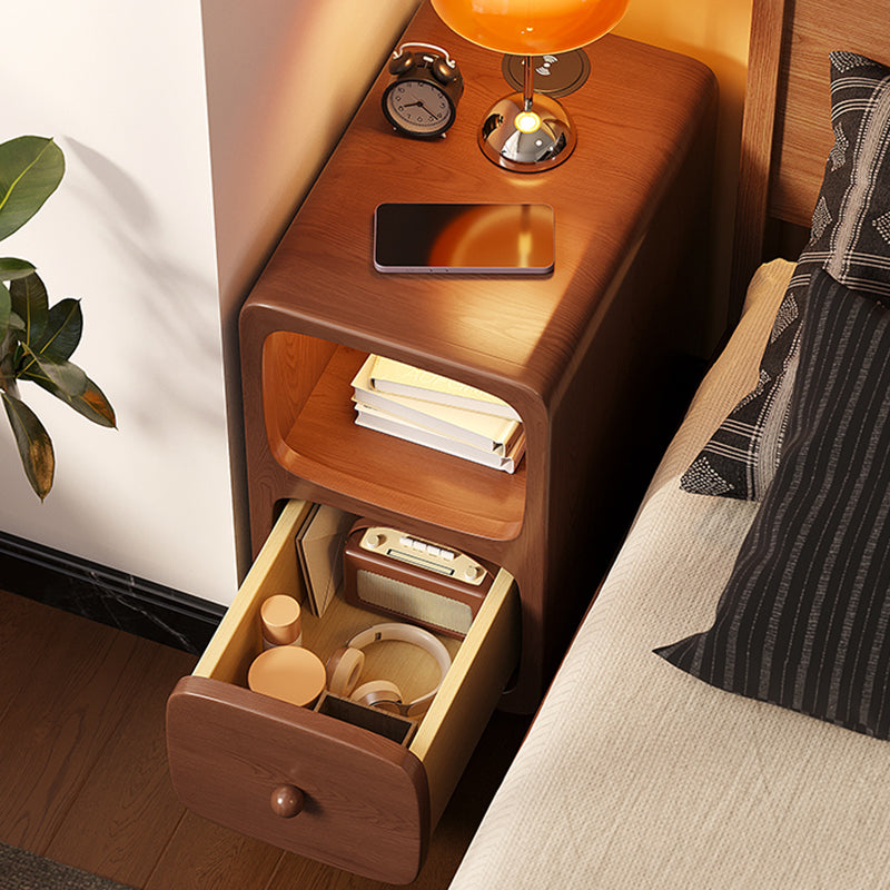 Traditional Chinese Solid Wood Rounded Rectangular Nightstand With 1/2 Drawers For Bedroom