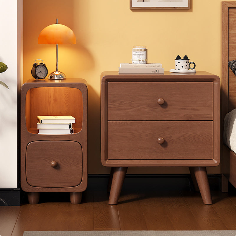 Traditional Chinese Solid Wood Rounded Rectangular Nightstand With 1/2 Drawers For Bedroom