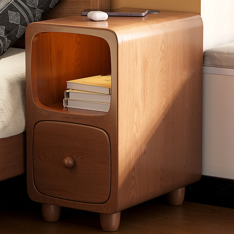 Traditional Chinese Solid Wood Rounded Rectangular Nightstand With 1/2 Drawers For Bedroom