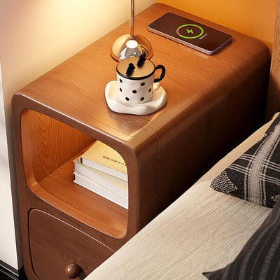 Traditional Chinese Solid Wood Rounded Rectangular Nightstand With 1/2 Drawers For Bedroom