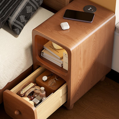 Traditional Chinese Solid Wood Rounded Rectangular Nightstand With 1/2 Drawers For Bedroom