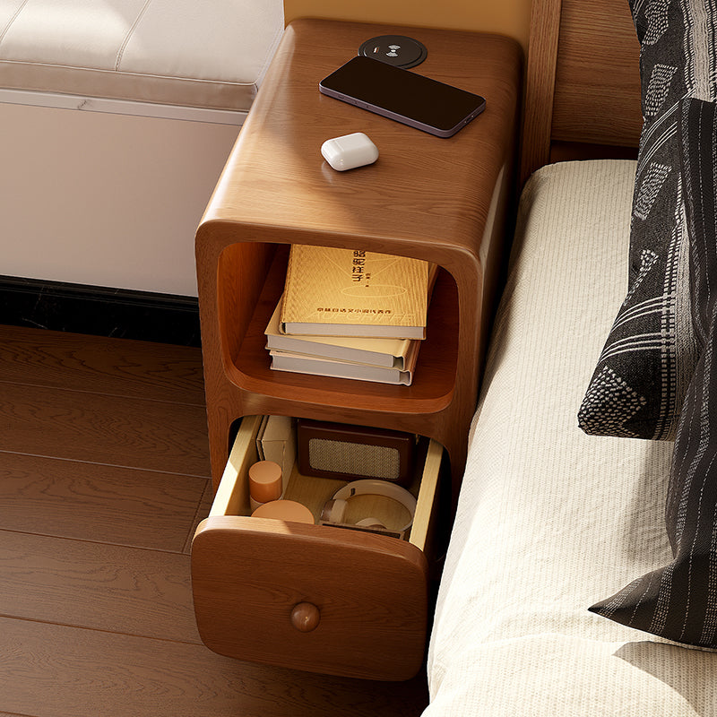 Traditional Chinese Solid Wood Rounded Rectangular Nightstand With 1/2 Drawers For Bedroom