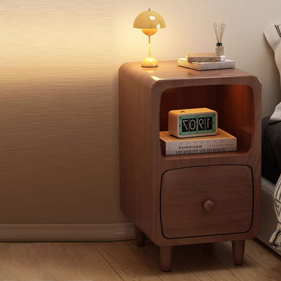 Traditional Chinese Solid Wood Rounded Rectangular Nightstand With 1/2 Drawers For Bedroom