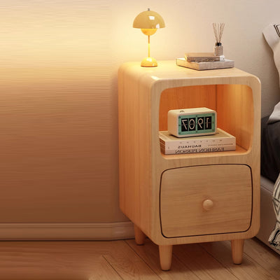 Traditional Chinese Solid Wood Rounded Rectangular Nightstand With 1/2 Drawers For Bedroom