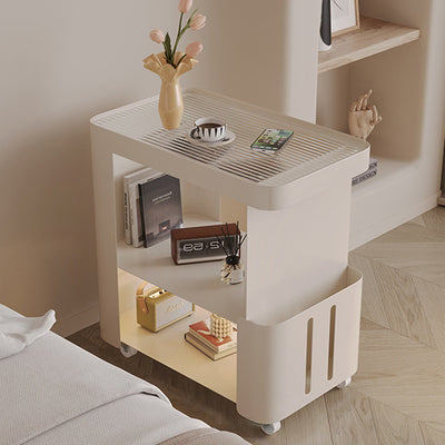 Contemporary Scandinavian Carbon Steel Glass Mobile Rounded Rectangular Side Table With 3 Tiers For Living Room