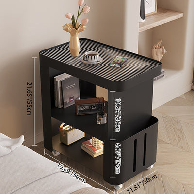 Contemporary Scandinavian Carbon Steel Glass Mobile Rounded Rectangular Side Table With 3 Tiers For Living Room