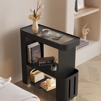 Contemporary Scandinavian Carbon Steel Glass Mobile Rounded Rectangular Side Table With 3 Tiers For Living Room