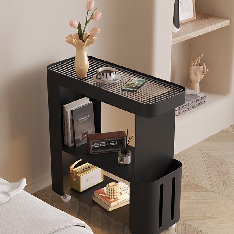 Contemporary Scandinavian Carbon Steel Glass Mobile Rounded Rectangular Side Table With 3 Tiers For Living Room