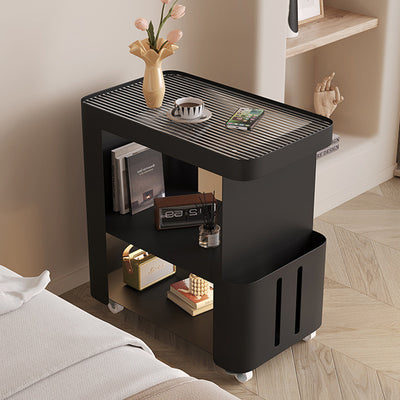 Contemporary Scandinavian Carbon Steel Glass Mobile Rounded Rectangular Side Table With 3 Tiers For Living Room