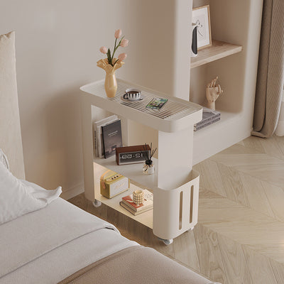 Contemporary Scandinavian Carbon Steel Glass Mobile Rounded Rectangular Side Table With 3 Tiers For Living Room