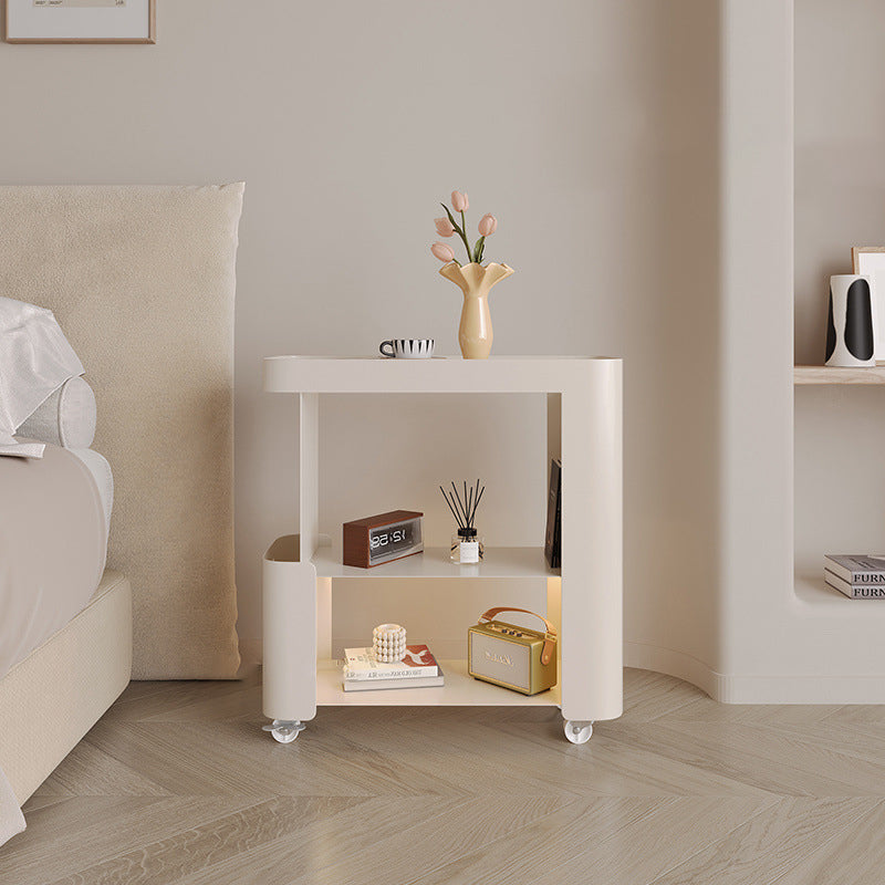 Contemporary Scandinavian Carbon Steel Glass Mobile Rounded Rectangular Side Table With 3 Tiers For Living Room