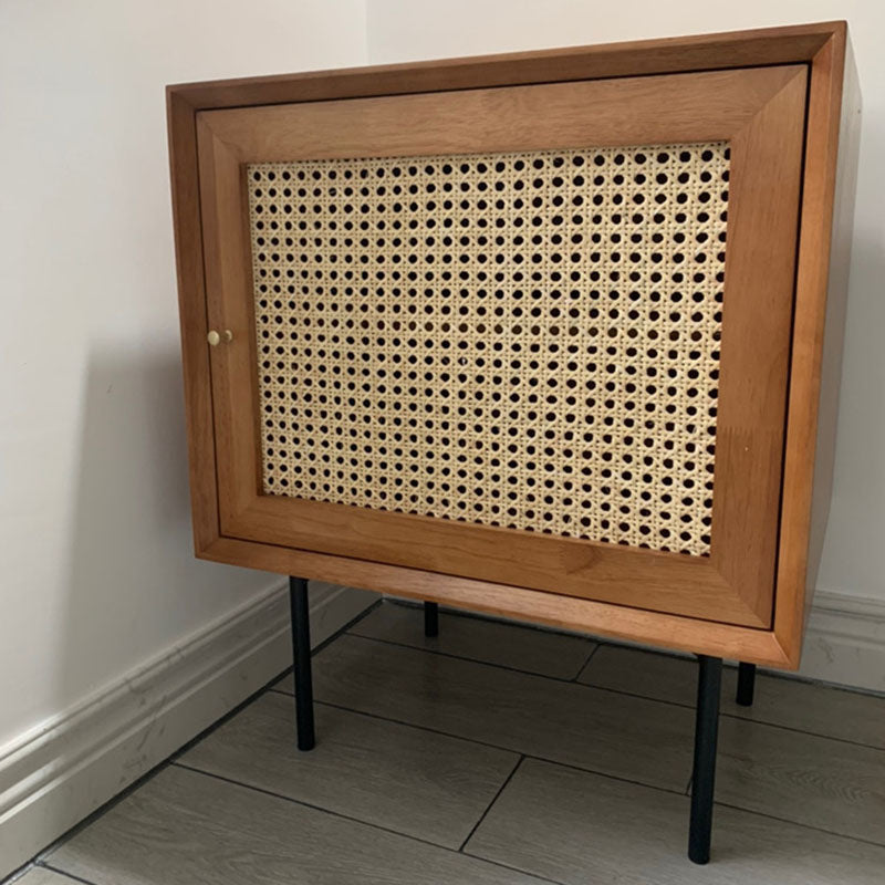 Traditional Chinese Solid Wood Rattan Square Cylinder Nightstand With 1-Storage For Bedroom