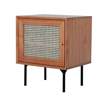 Traditional Chinese Solid Wood Rattan Square Cylinder Nightstand With 1-Storage For Bedroom