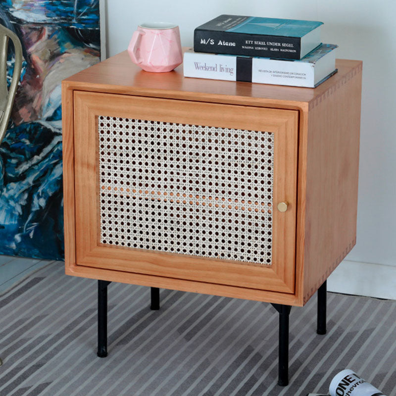 Traditional Chinese Solid Wood Rattan Square Cylinder Nightstand With 1-Storage For Bedroom