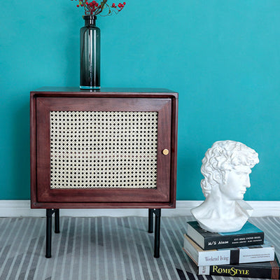 Traditional Chinese Solid Wood Rattan Square Cylinder Nightstand With 1-Storage For Bedroom