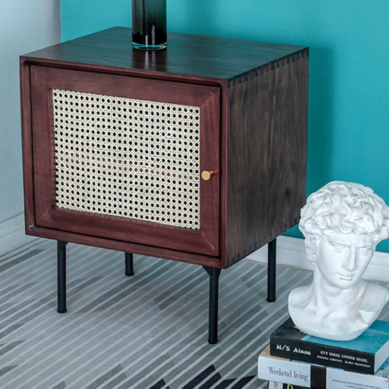 Traditional Chinese Solid Wood Rattan Square Cylinder Nightstand With 1-Storage For Bedroom