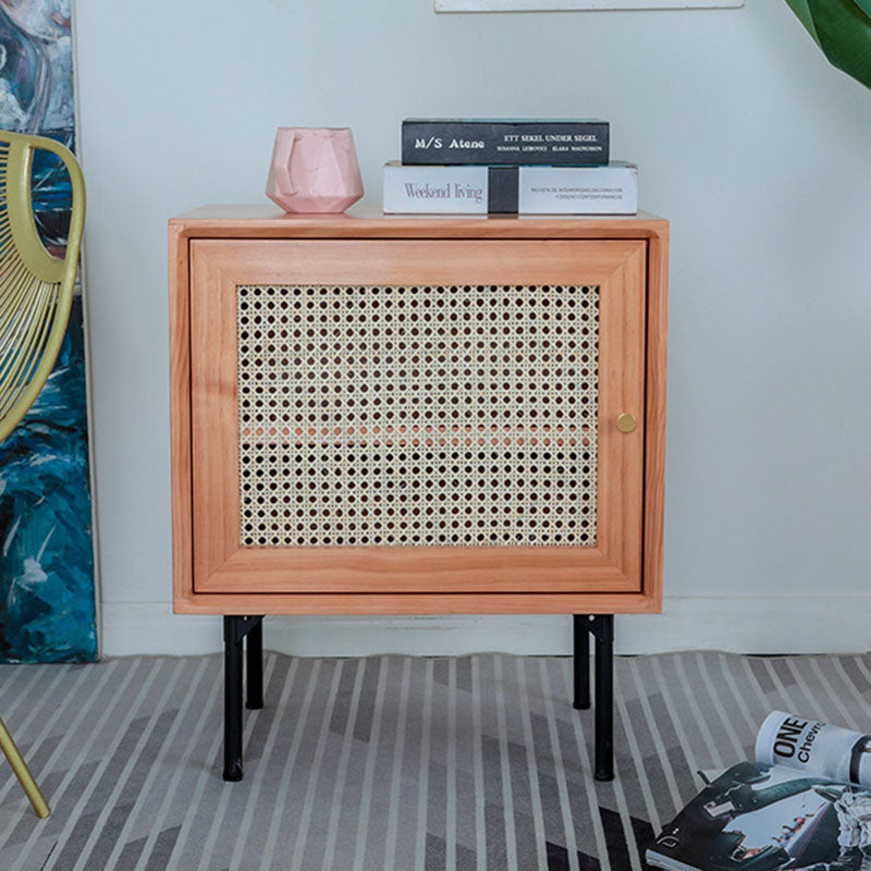 Traditional Chinese Solid Wood Rattan Square Cylinder Nightstand With 1-Storage For Bedroom