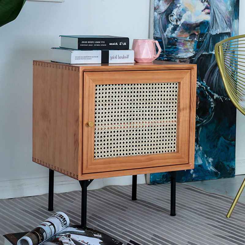 Traditional Chinese Solid Wood Rattan Square Cylinder Nightstand With 1-Storage For Bedroom