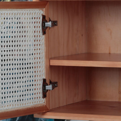 Traditional Chinese Solid Wood Rattan Square Cylinder Nightstand With 1-Storage For Bedroom