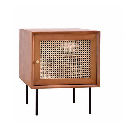 Traditional Chinese Solid Wood Rattan Square Cylinder Nightstand With 1-Storage For Bedroom