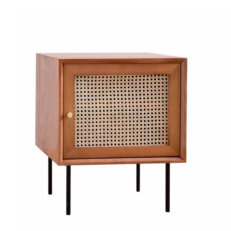 Traditional Chinese Solid Wood Rattan Square Cylinder Nightstand With 1-Storage For Bedroom