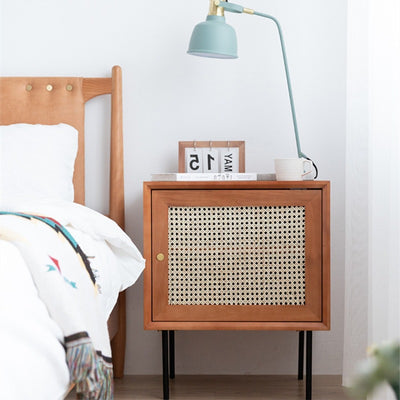 Traditional Chinese Solid Wood Rattan Square Cylinder Nightstand With 1-Storage For Bedroom