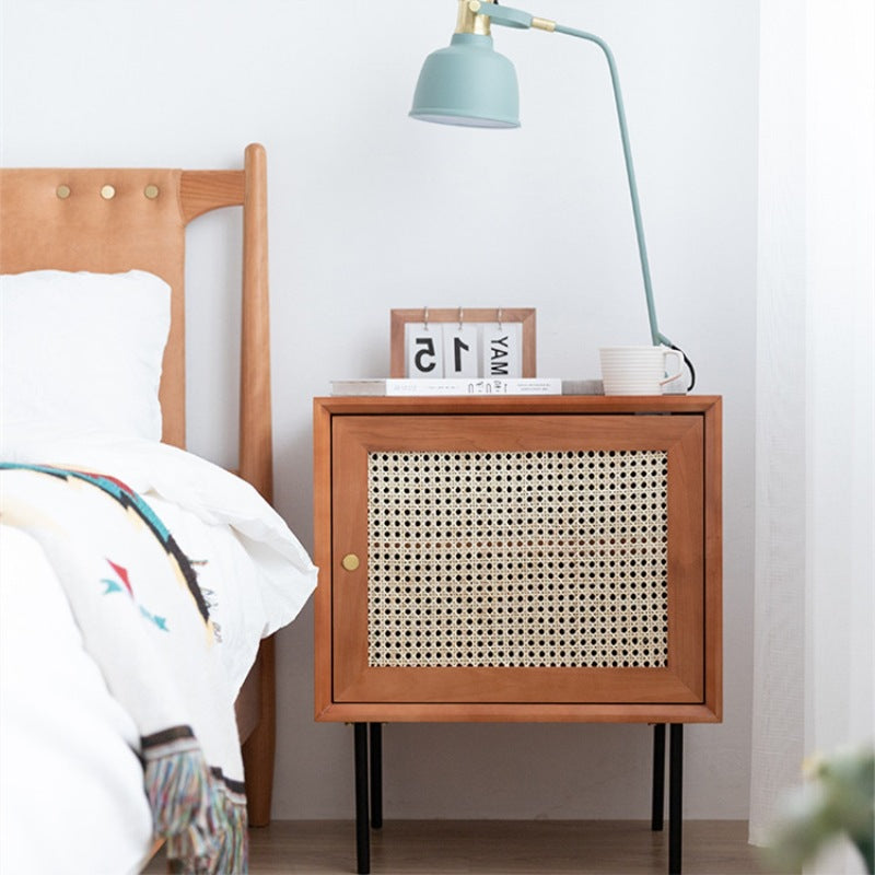 Traditional Chinese Solid Wood Rattan Square Cylinder Nightstand With 1-Storage For Bedroom