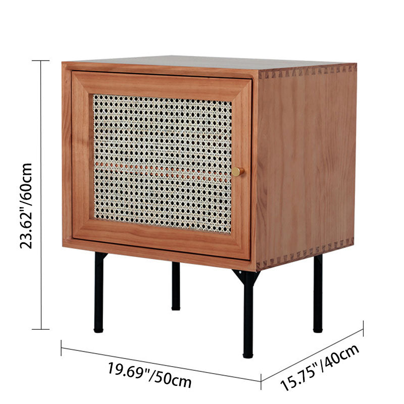 Traditional Chinese Solid Wood Rattan Square Cylinder Nightstand With 1-Storage For Bedroom