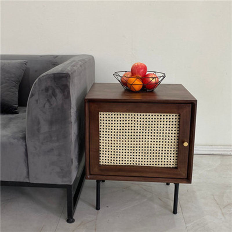 Traditional Chinese Solid Wood Rattan Square Cylinder Nightstand With 1-Storage For Bedroom