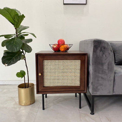 Traditional Chinese Solid Wood Rattan Square Cylinder Nightstand With 1-Storage For Bedroom