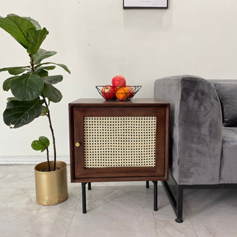 Traditional Chinese Solid Wood Rattan Square Cylinder Nightstand With 1-Storage For Bedroom