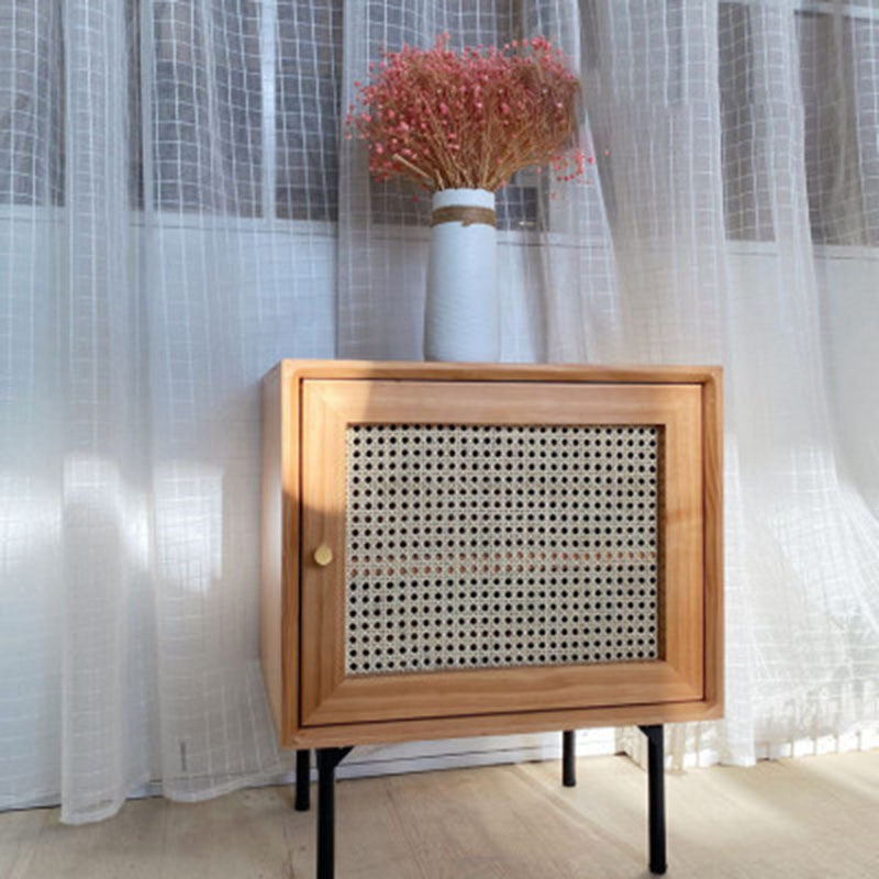 Traditional Chinese Solid Wood Rattan Square Cylinder Nightstand With 1-Storage For Bedroom