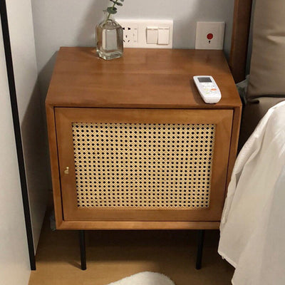 Traditional Chinese Solid Wood Rattan Square Cylinder Nightstand With 1-Storage For Bedroom